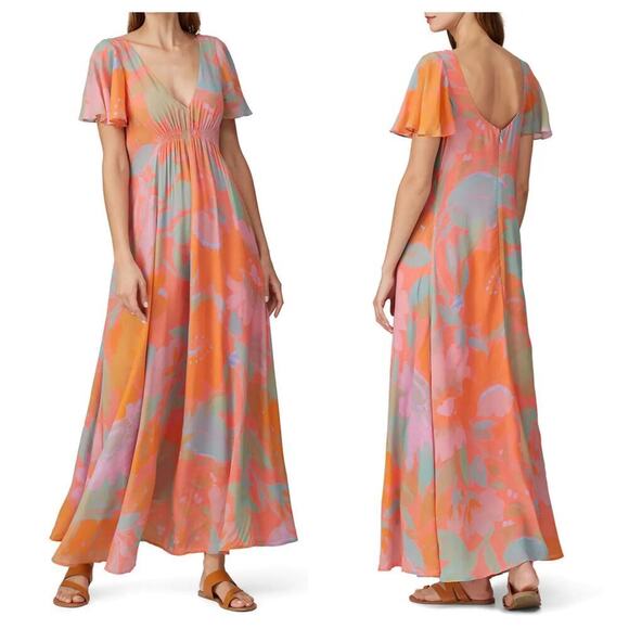 Veda Dress Corazon Maxi Multi Color Smocked Viscose Short Sleeve Pink Orange M - Picture 1 of 10